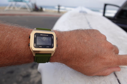 Raglan Digital Square Dial Tide Watch– Gold Case, Black Dial & Green Silicone Strap