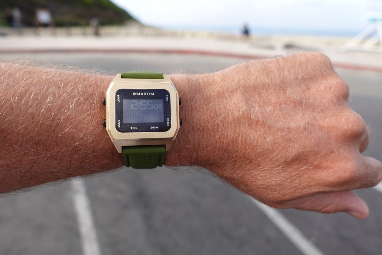 Raglan Digital Square Dial Tide Watch– Gold Case, Black Dial & Green Silicone Strap
