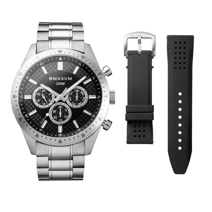Lansdowne Silver Set - Includes Silver Chronograph Analogue Watch and Black Silicone Strap