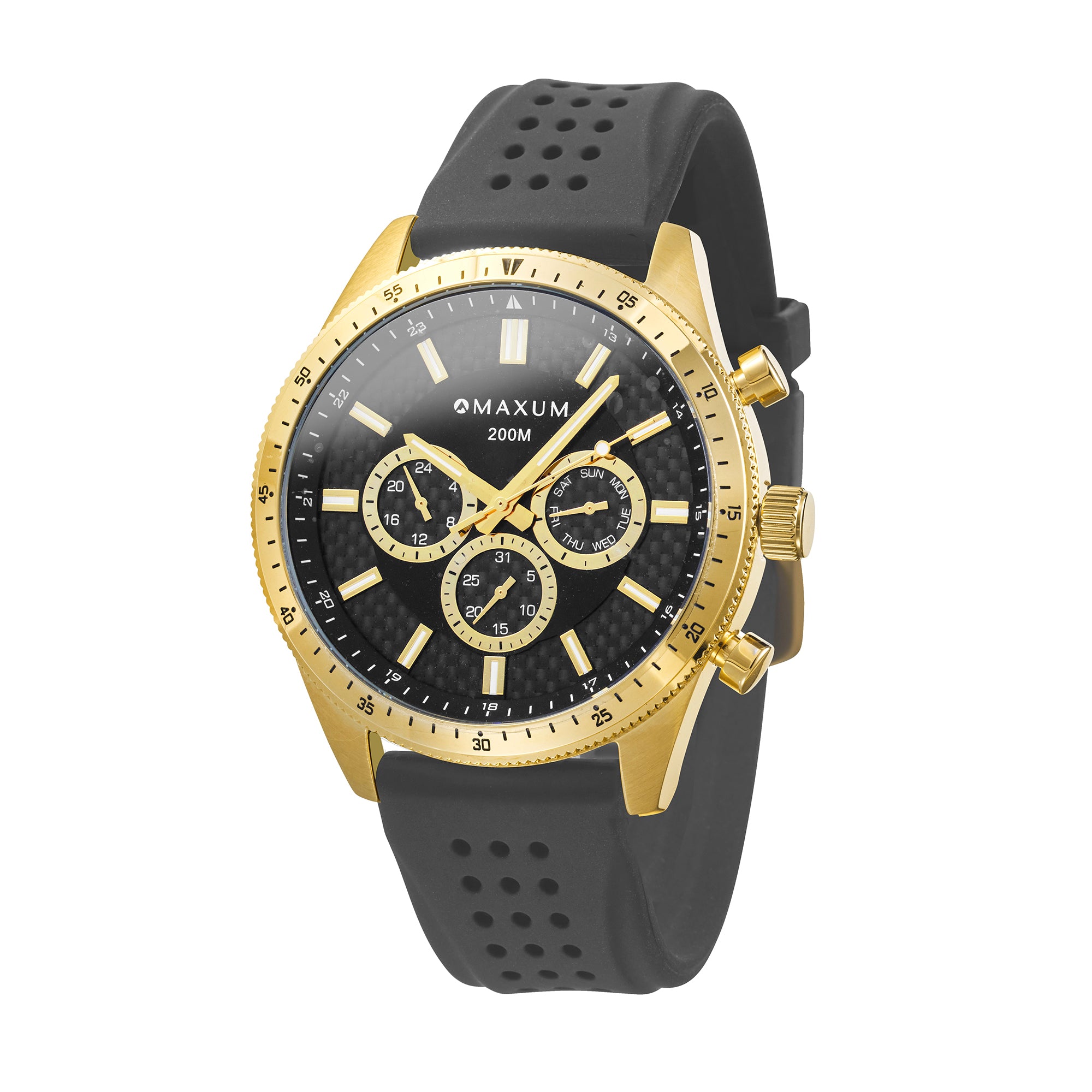 Lansdowne Chronograph Analogue Watch – Gold Case, Black Dial & Black Silicone Strap