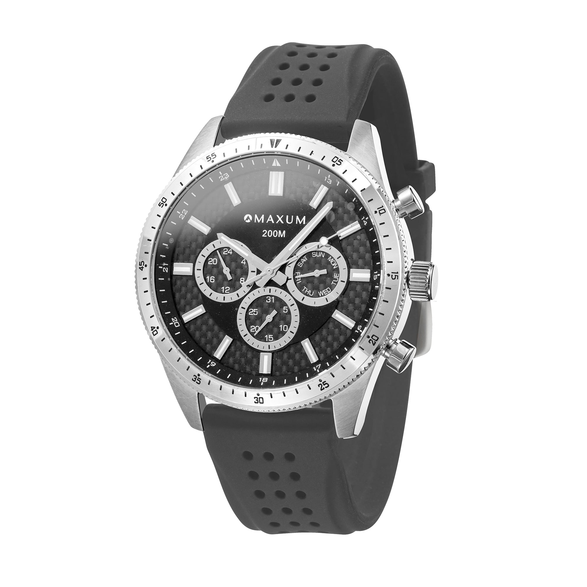 Lansdowne Chronograph Analogue Watch – Silver-Tone Case, Black Dial & Black Silicone Strap