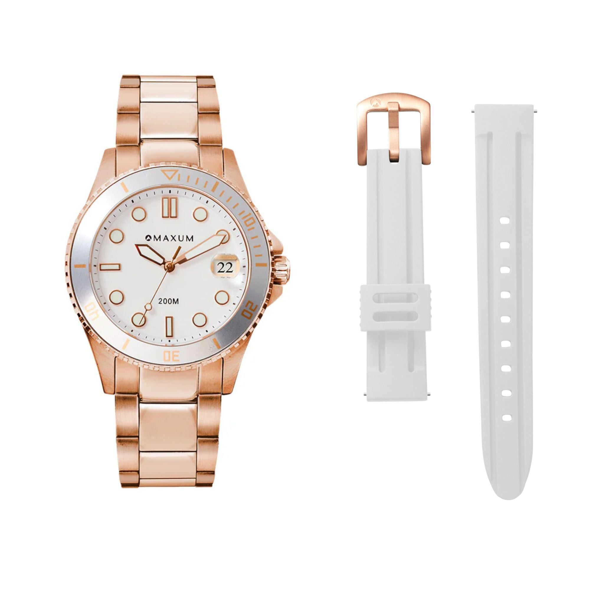 Liberty Rose-gold Set - Includes Rose Analogue Date Watch and White Silicone Strap