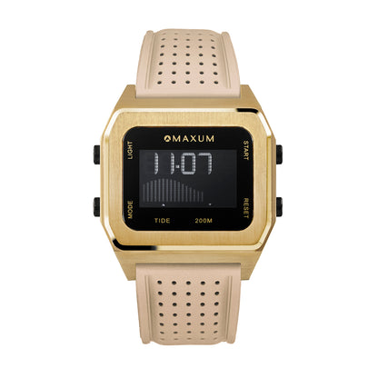 Raglan Digital Square Unisex Tide Watch– Gold Case, Black Dial & Beige Silicone Strap