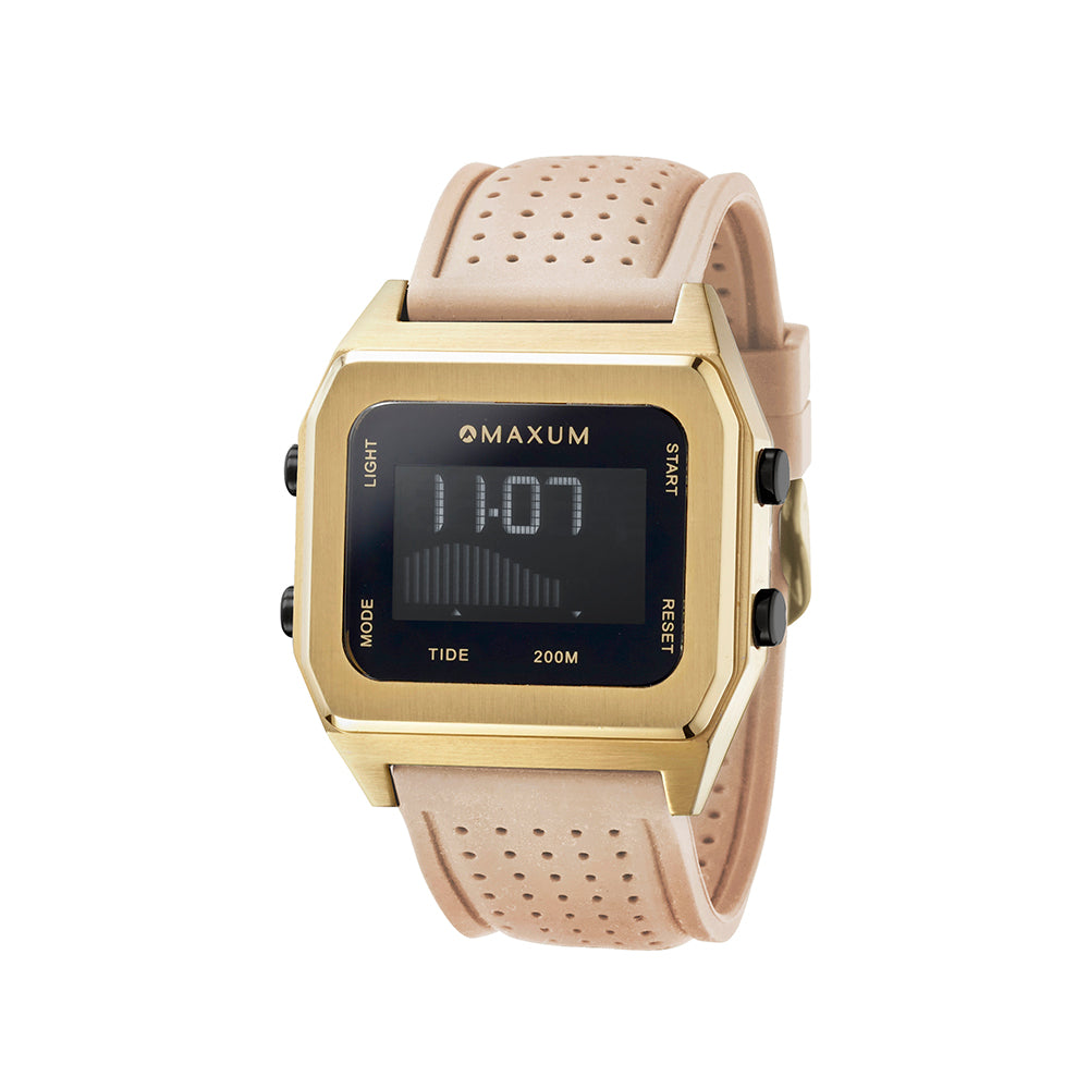 Raglan Digital Square Unisex Tide Watch– Gold Case, Black Dial & Beige Silicone Strap