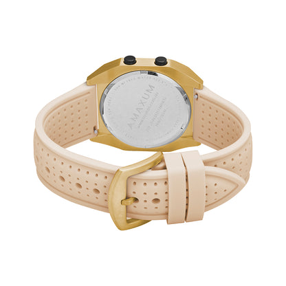 Raglan Digital Square Unisex Tide Watch– Gold Case, Black Dial & Beige Silicone Strap