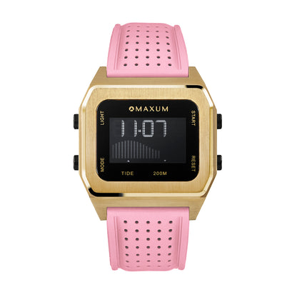 Raglan Digital Square Unisex Tide Watch– Gold Case, Black Dial & Pink Silicone Strap