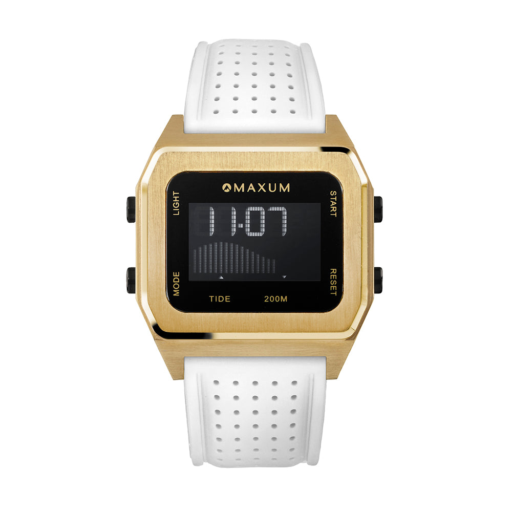 Raglan Digital Square Unisex Tide Watch– Gold Case, Black Dial & White Silicone Strap