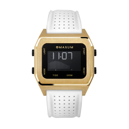 Raglan Digital Square Unisex Tide Watch– Gold Case, Black Dial & White Silicone Strap