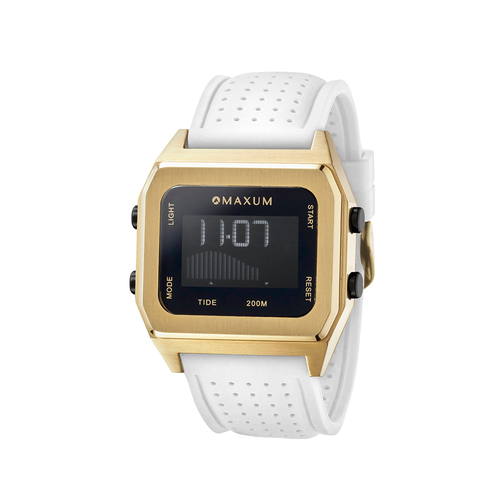 Raglan Digital Square Unisex Tide Watch– Gold Case, Black Dial & White Silicone Strap
