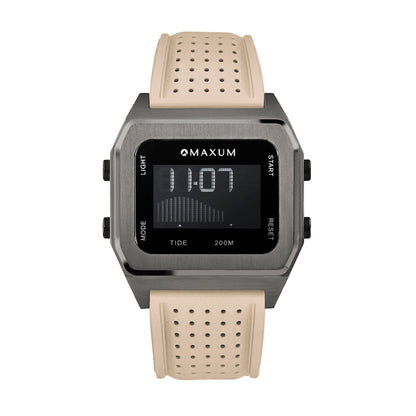Raglan Digital Square Unisex Tide Watch– Gun Metal Case, Black Dial & Beige Silicone Strap