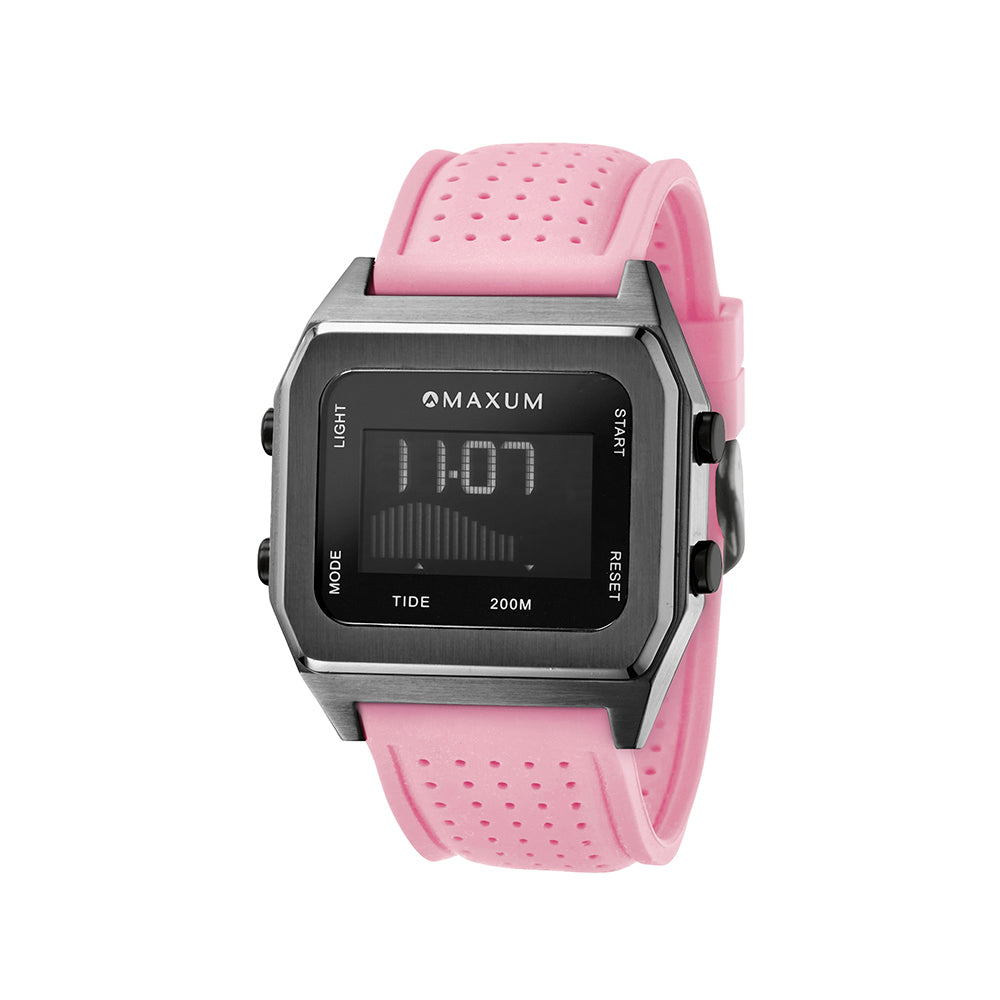 Raglan Digital Square Unisex Tide Watch– Gun Metal Case, Black Dial & Pink Silicone Strap
