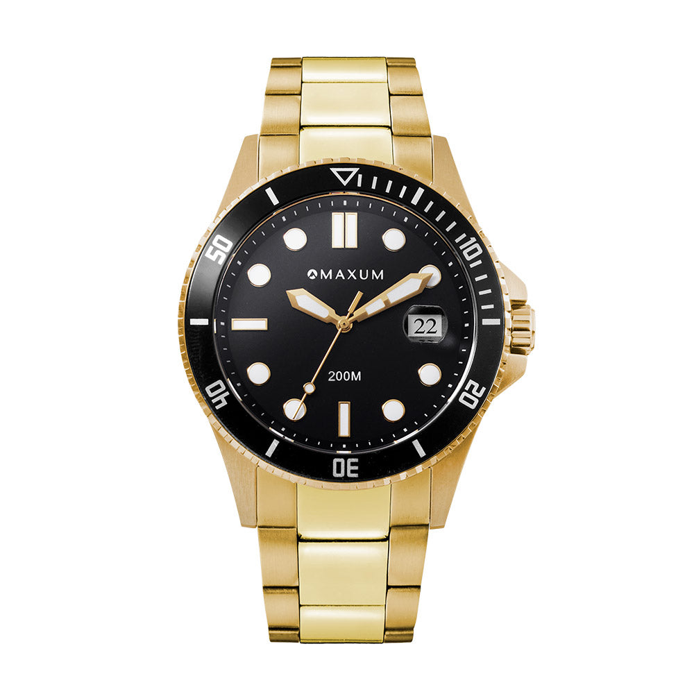 Prince Analogue Date Watch– Gold Case, Black Dial & Gold Bracelet
