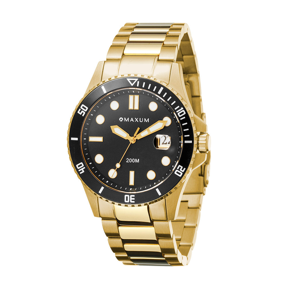 Prince Analogue Date Watch– Gold Case, Black Dial & Gold Bracelet