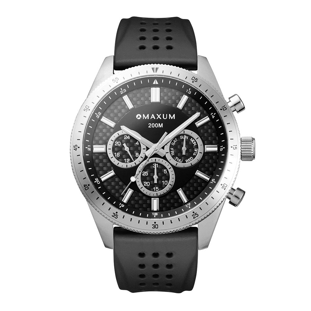 Lansdowne Chronograph Analogue Watch – Silver-Tone Case, Black Dial & Black Silicone Strap