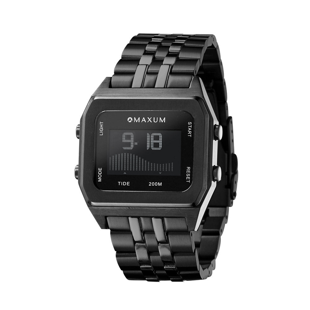 Raglan Digital Square Dial Tide Watch – Black Case, Black Dial & Black Bracelet