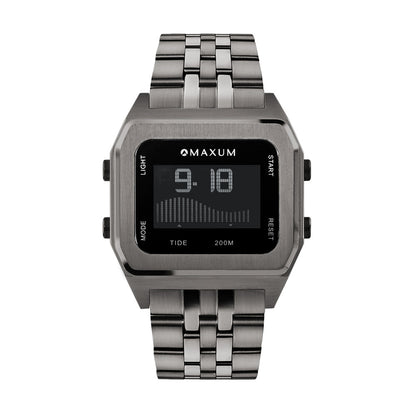 Raglan Digital Square Dial Tide Watch– Gun Metal Case, Black Dial & Gun Metal Bracelet