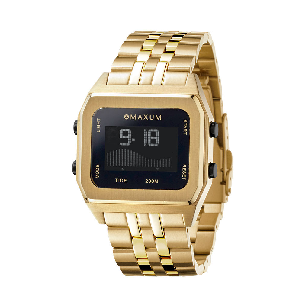 Raglan Digital Square Dial Tide Watch– Gold Case, Black Dial & Gold Bracelet