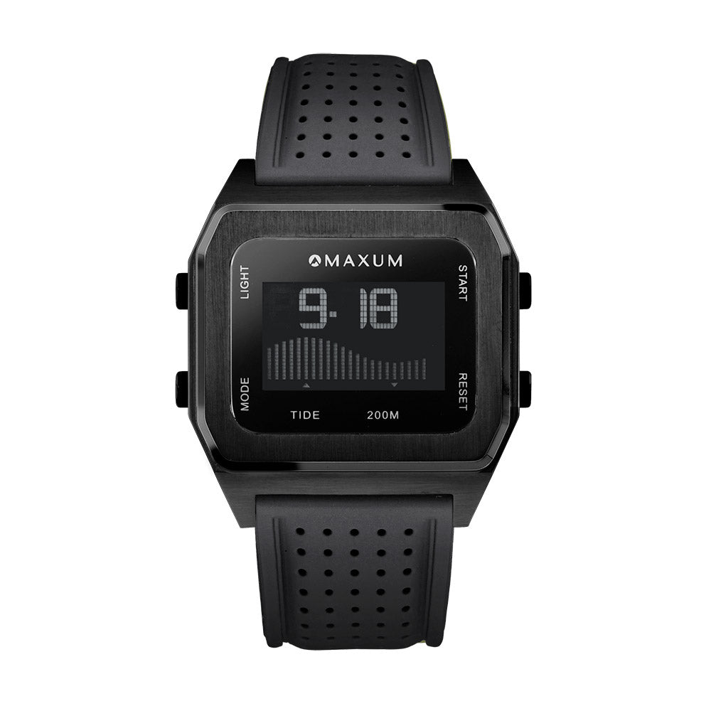 Raglan Digital Square Dial Tide Watch – Black Case, Black Dial & Black Silicone Strap