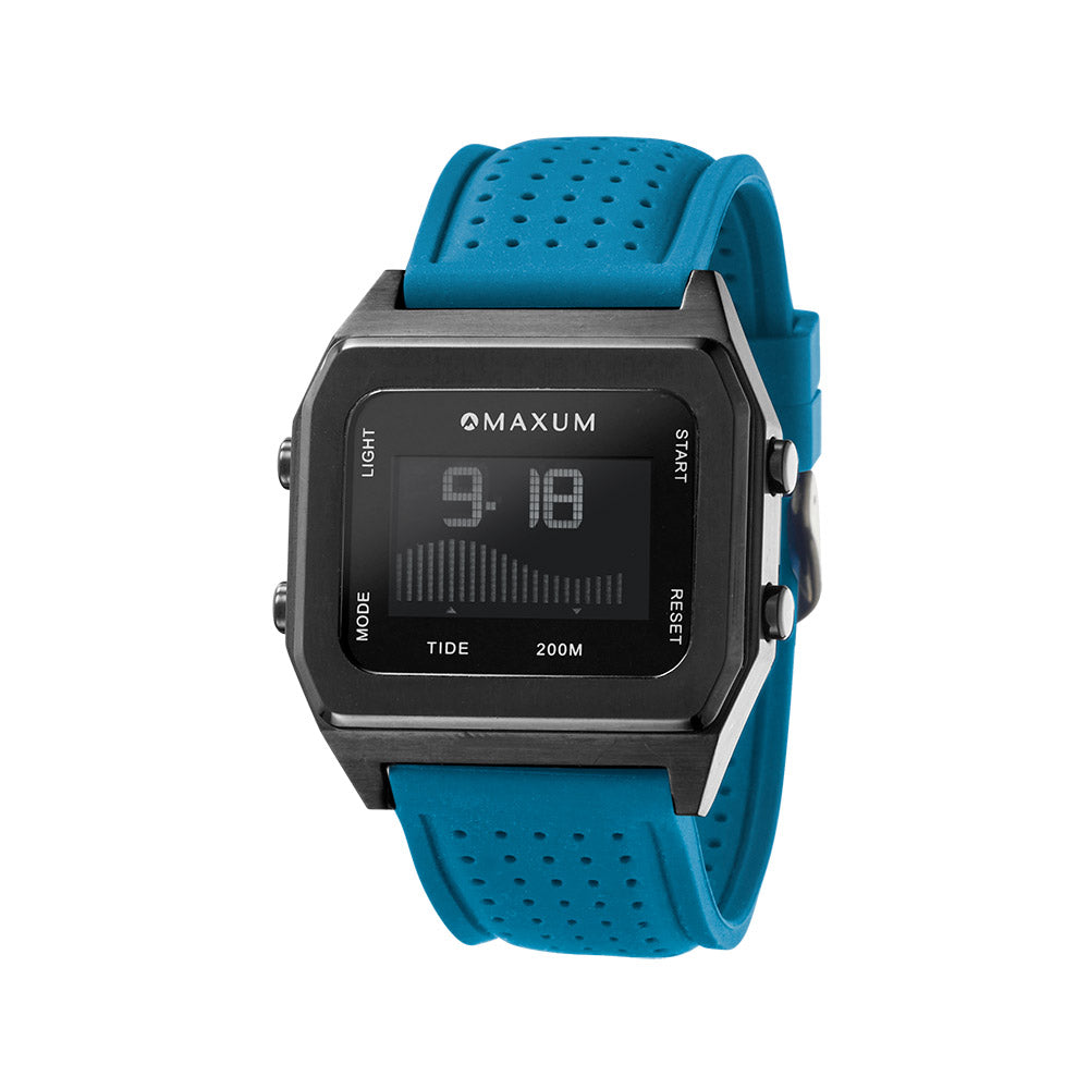 Raglan Digital Square Dial Tide Watch – Black Case, Black Dial & Blue Silicone Strap