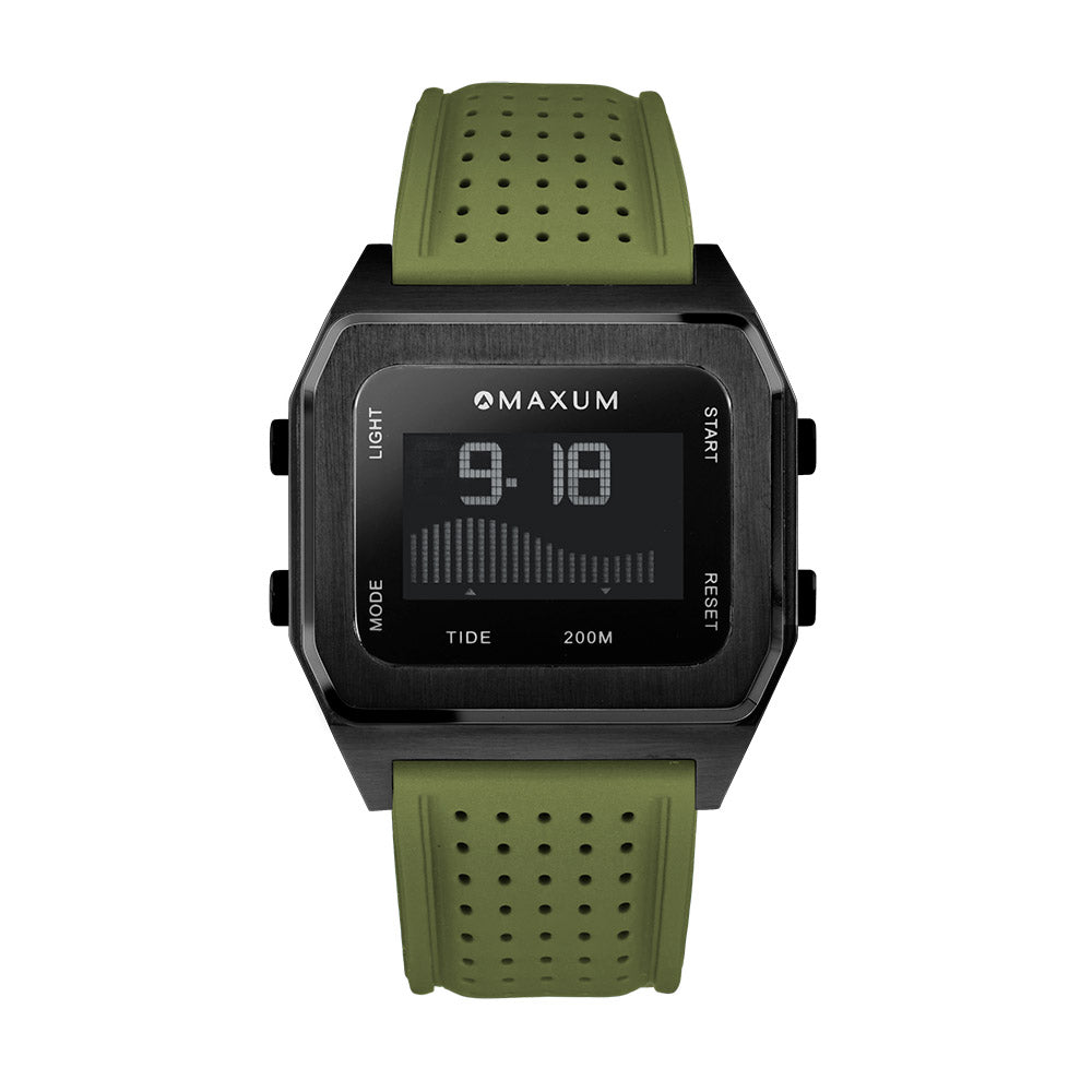 Raglan Digital Square Dial Tide Watch – Black Case, Black Dial & Green Silicone Strap