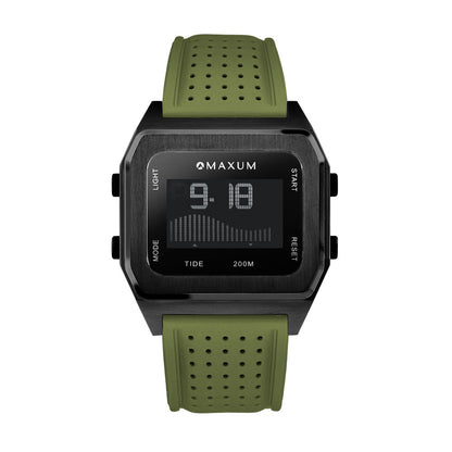 Raglan Digital Square Dial Tide Watch – Black Case, Black Dial & Green Silicone Strap