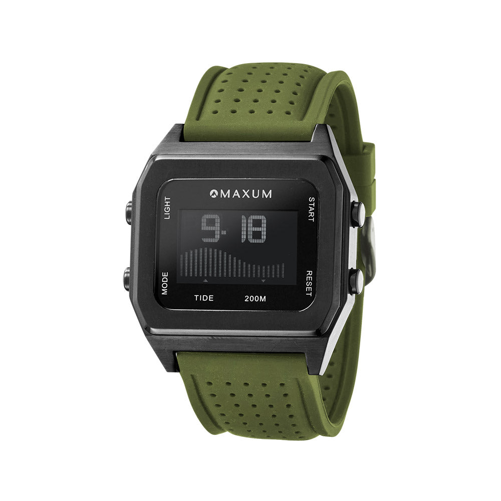 Raglan Digital Square Dial Tide Watch – Black Case, Black Dial & Green Silicone Strap