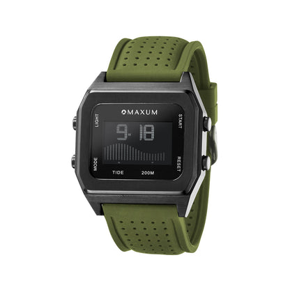 Raglan Digital Square Dial Tide Watch – Black Case, Black Dial & Green Silicone Strap