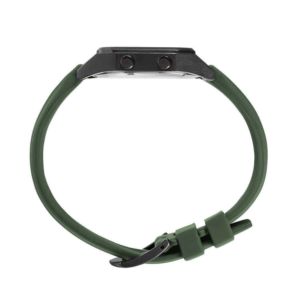 Raglan Digital Square Dial Tide Watch – Black Case, Black Dial & Green Silicone Strap