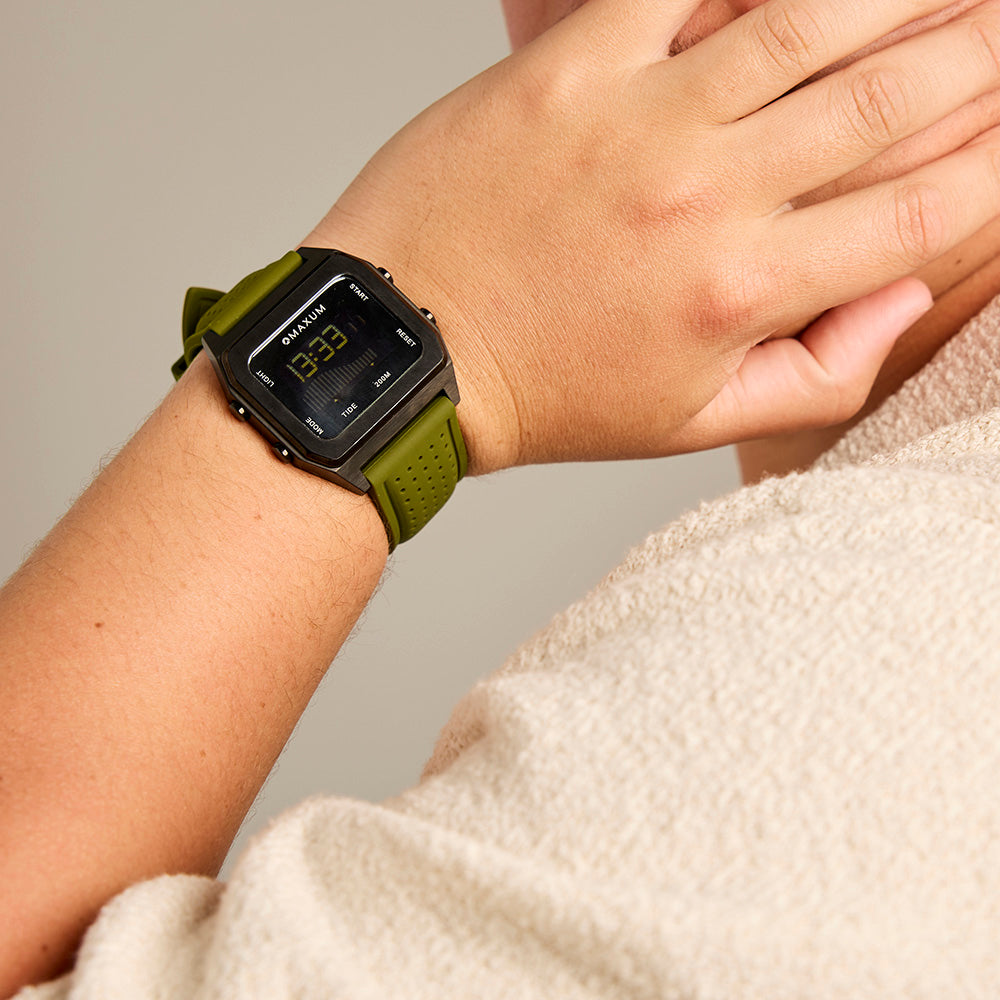 Raglan Digital Square Dial Tide Watch – Black Case, Black Dial & Green Silicone Strap