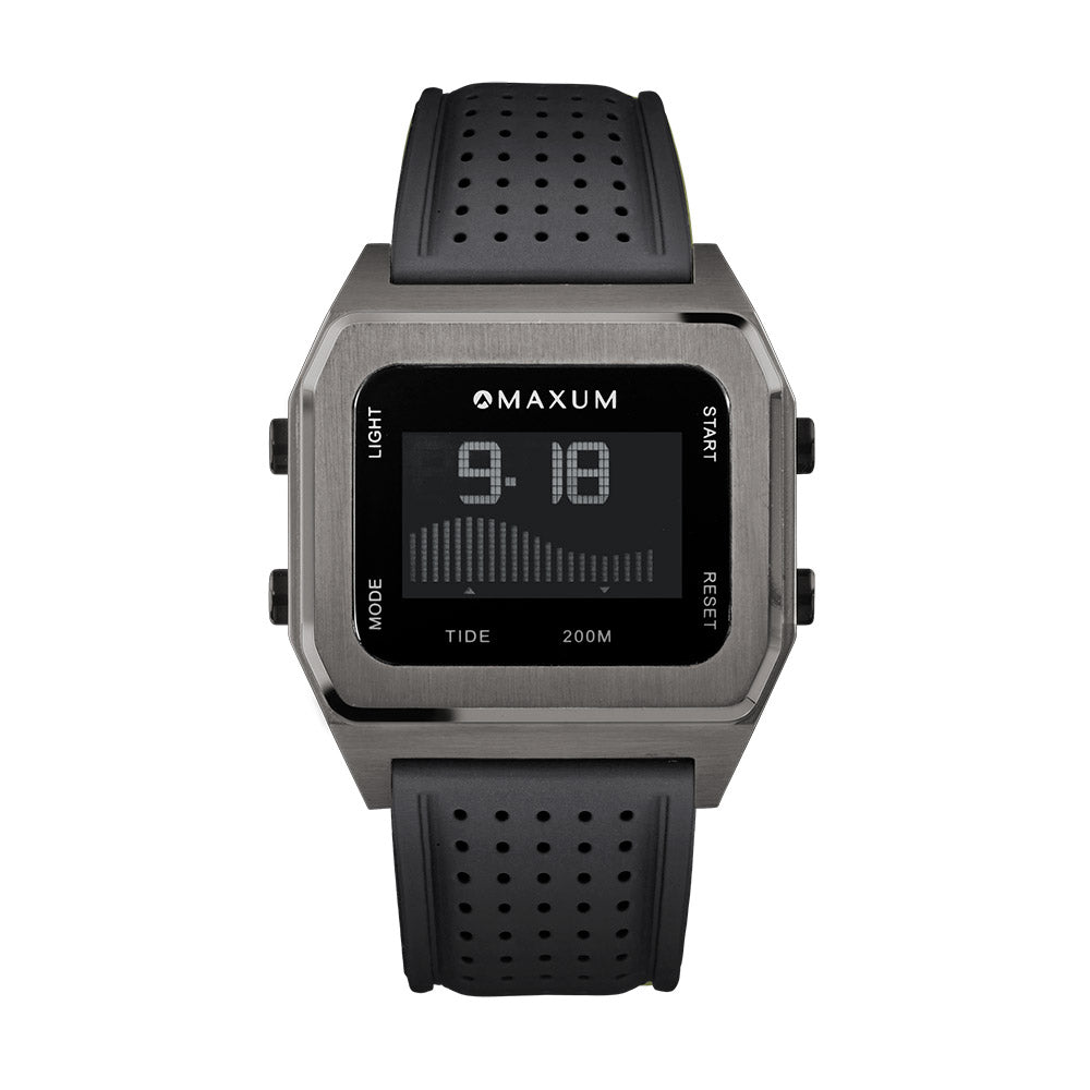 Raglan Digital Square Dial Tide Watch– Gun Metal Case, Black Dial & Black Silicone Strap
