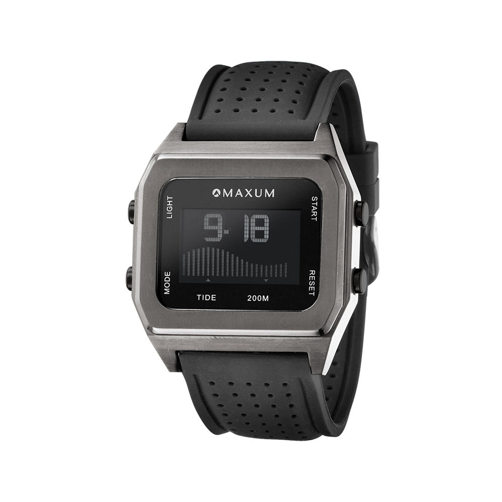Raglan Digital Square Dial Tide Watch– Gun Metal Case, Black Dial & Black Silicone Strap