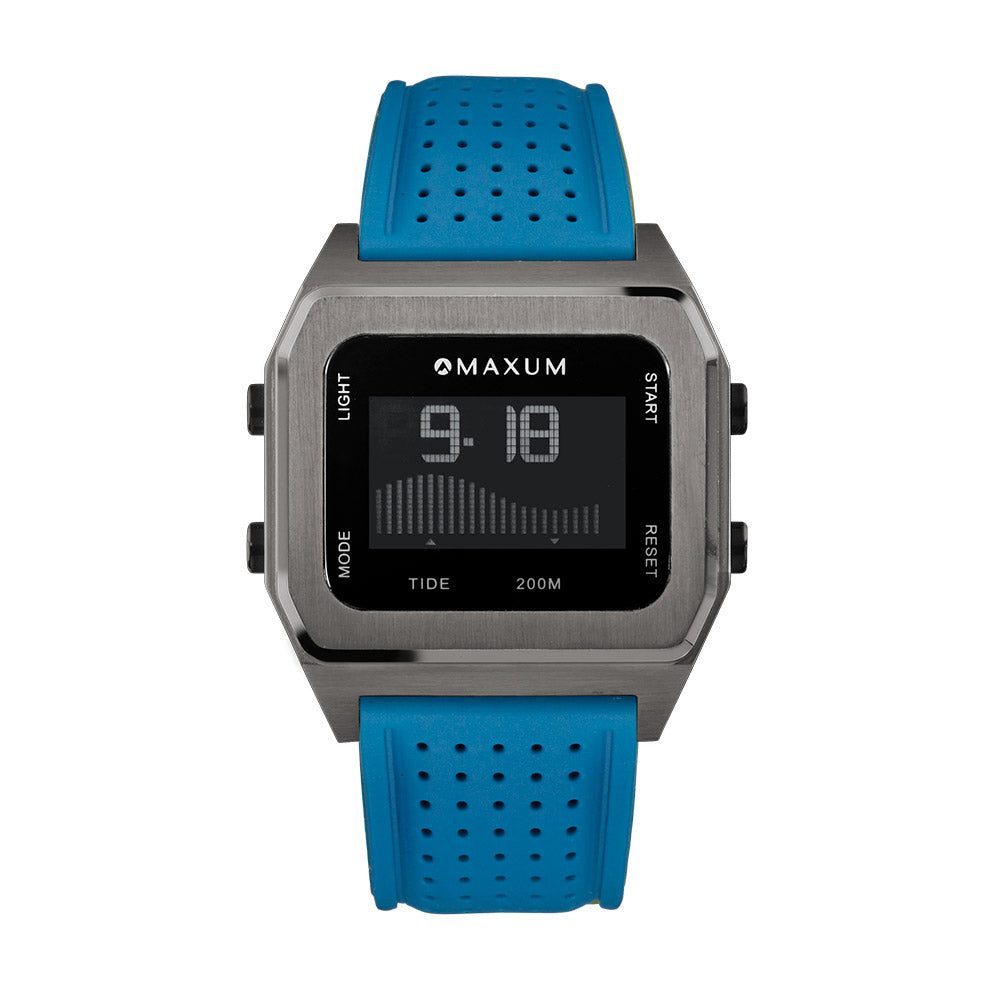 Raglan Digital Square Dial Tide Watch– Gun Metal Case, Black Dial & Blue Silicone Strap