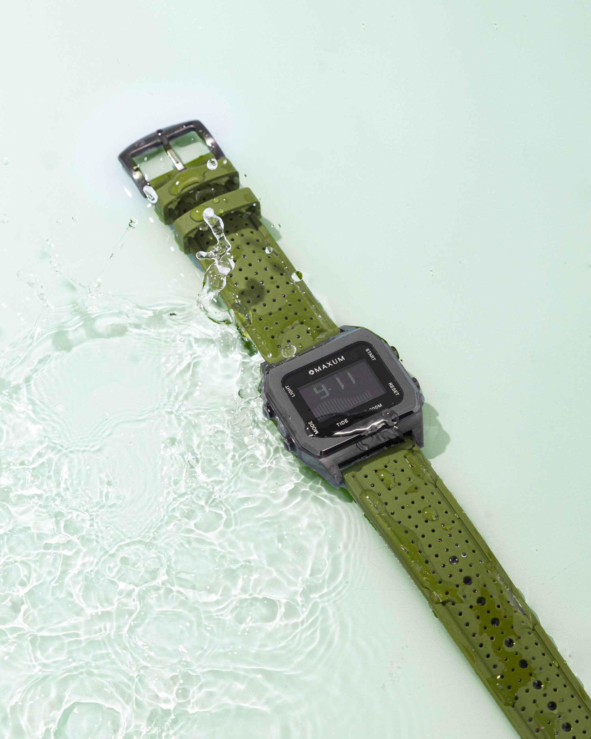 Raglan Digital Square Dial Tide Watch– Gun Metal Case, Black Dial & Green Silicone Strap