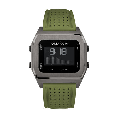 Raglan Digital Square Dial Tide Watch– Gun Metal Case, Black Dial & Green Silicone Strap