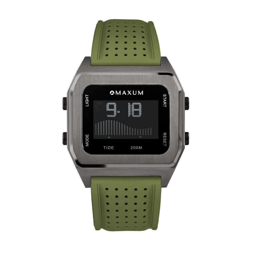 Raglan Digital Square Dial Tide Watch– Gun Metal Case, Black Dial & Green Silicone Strap