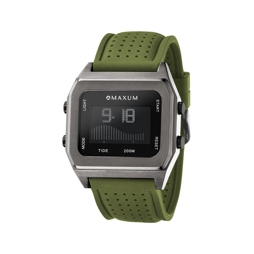Raglan Digital Square Dial Tide Watch– Gun Metal Case, Black Dial & Green Silicone Strap