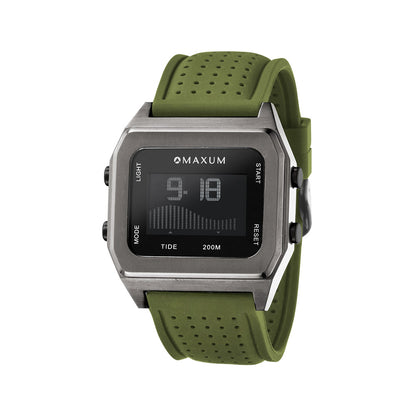 Raglan Digital Square Dial Tide Watch– Gun Metal Case, Black Dial & Green Silicone Strap