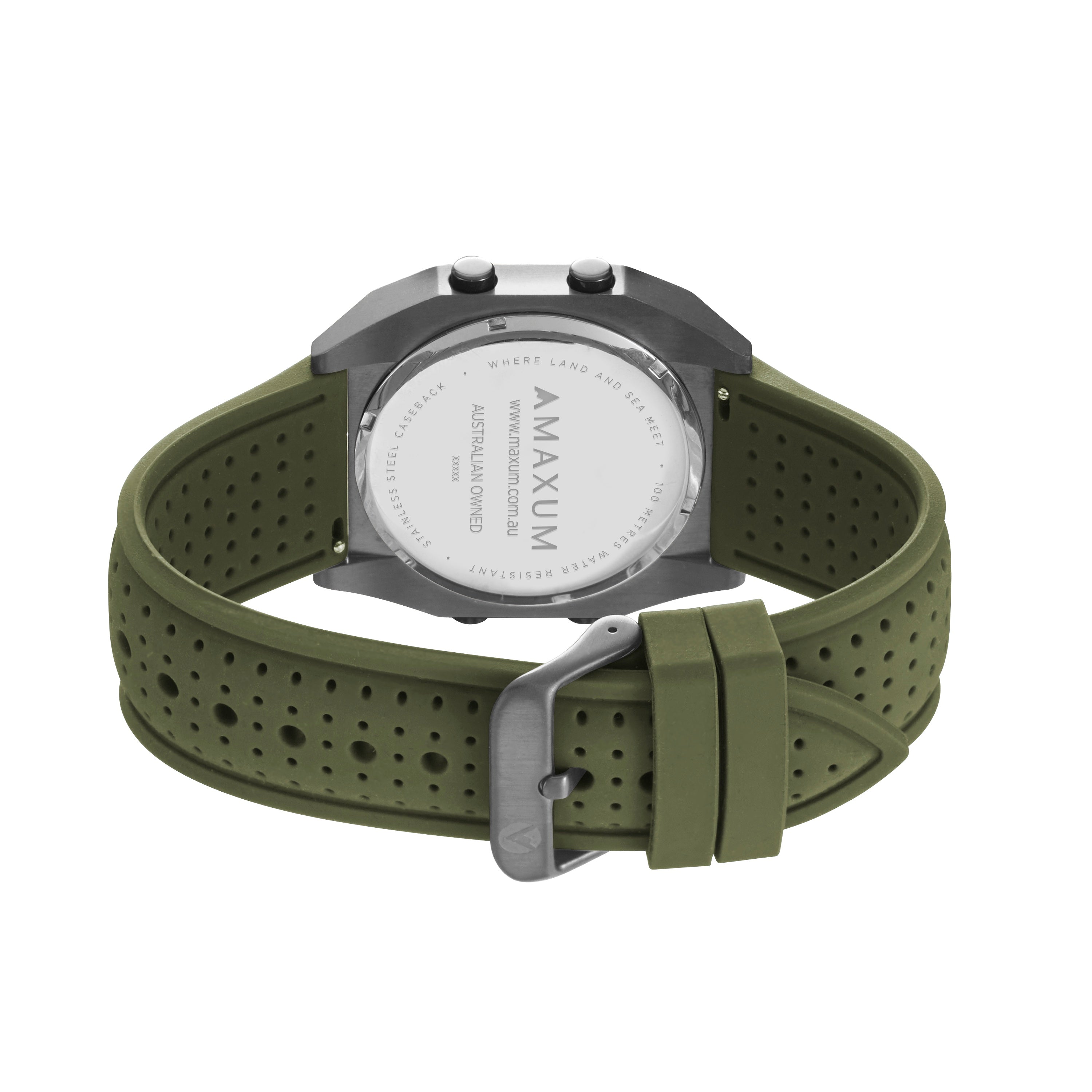 Raglan Digital Square Dial Tide Watch– Gun Metal Case, Black Dial & Green Silicone Strap