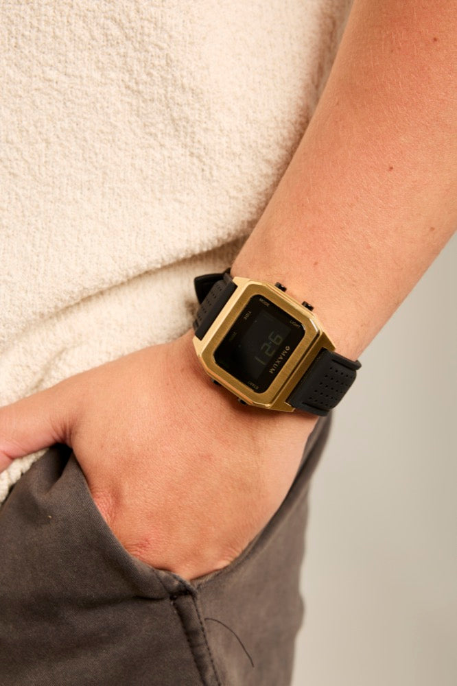 Raglan Digital Square Dial Tide Watch– Gold Case, Black Dial & Black Silicone Strap