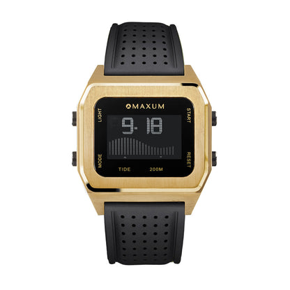 Raglan Digital Square Dial Tide Watch– Gold Case, Black Dial & Black Silicone Strap