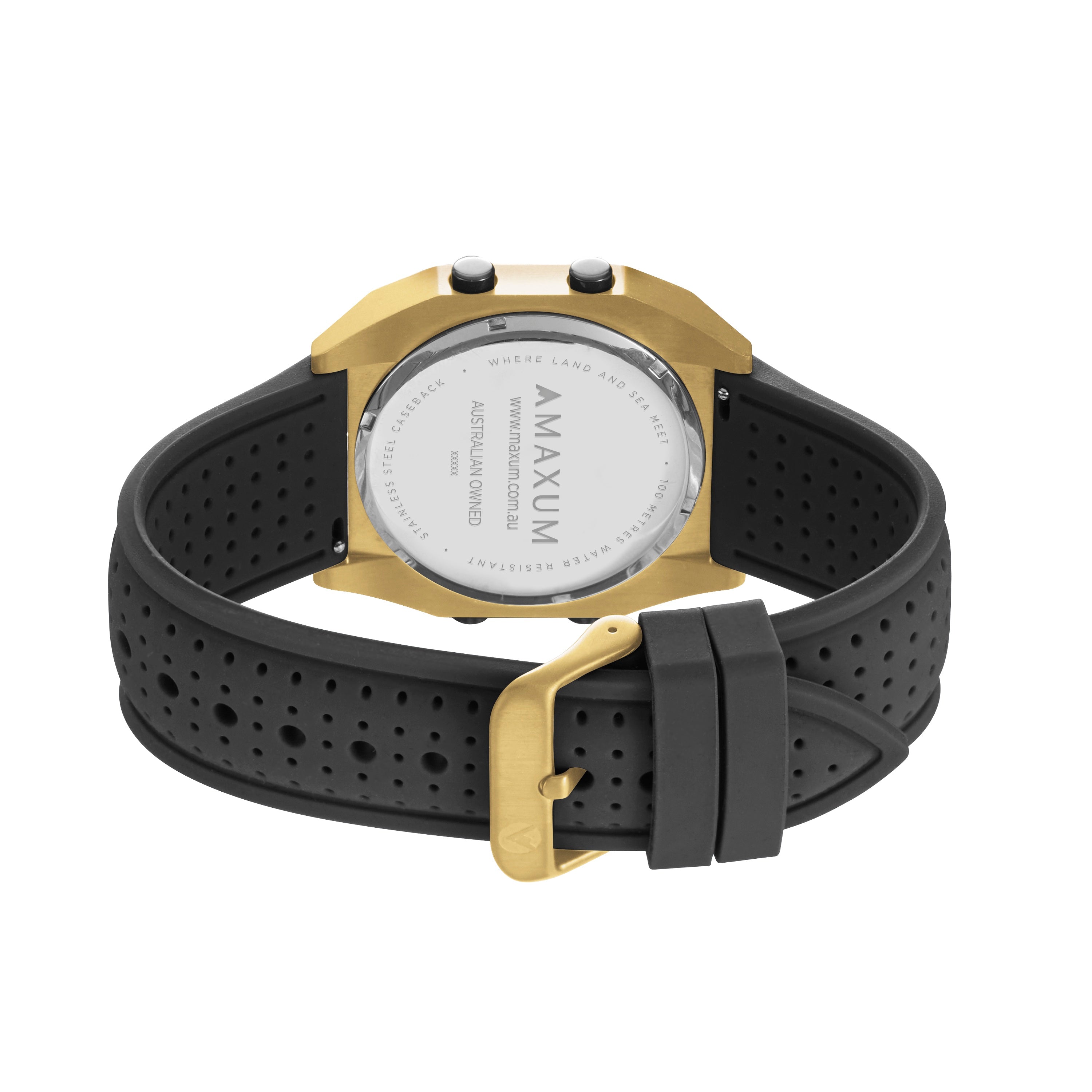 Raglan Digital Square Dial Tide Watch– Gold Case, Black Dial & Black Silicone Strap