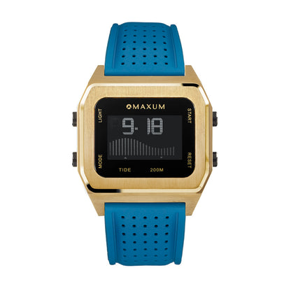 Raglan Digital Square Dial Tide Watch– Gold Case, Black Dial & Blue Silicone Strap