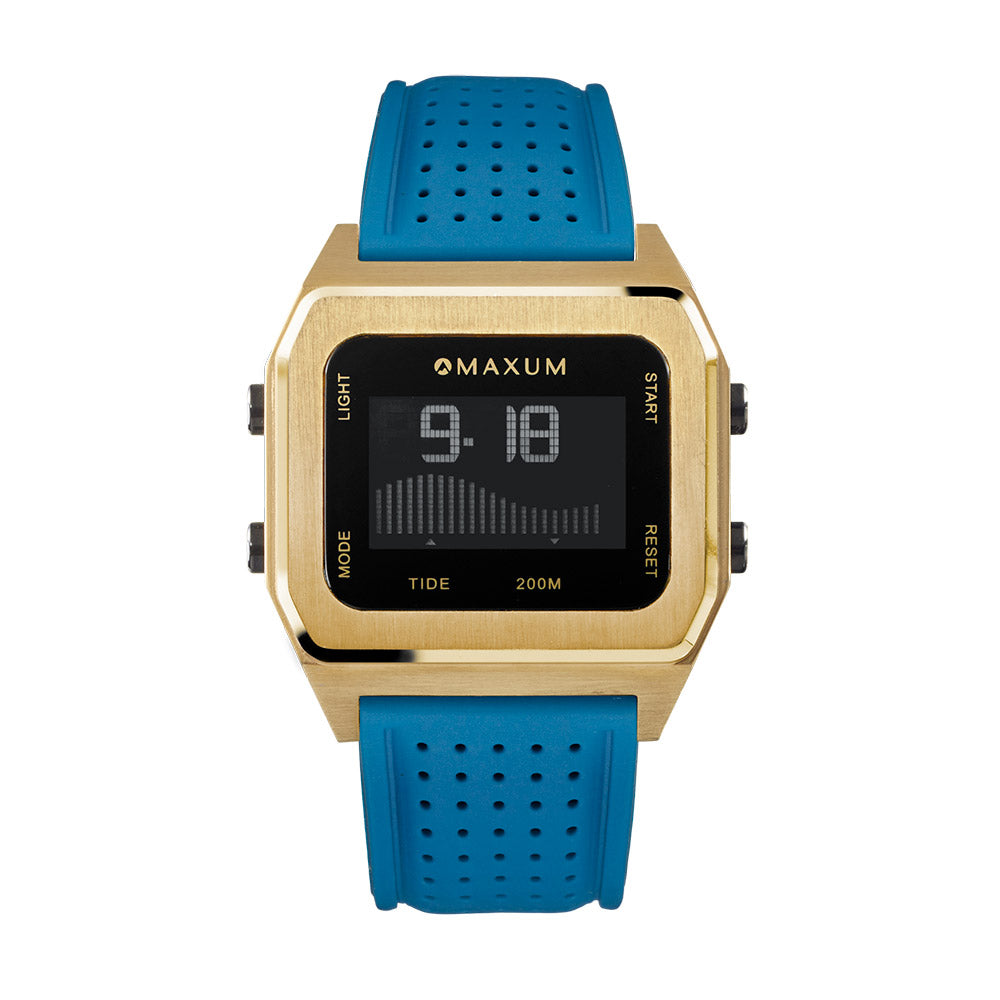 Raglan Digital Square Dial Tide Watch– Gold Case, Black Dial & Blue Silicone Strap
