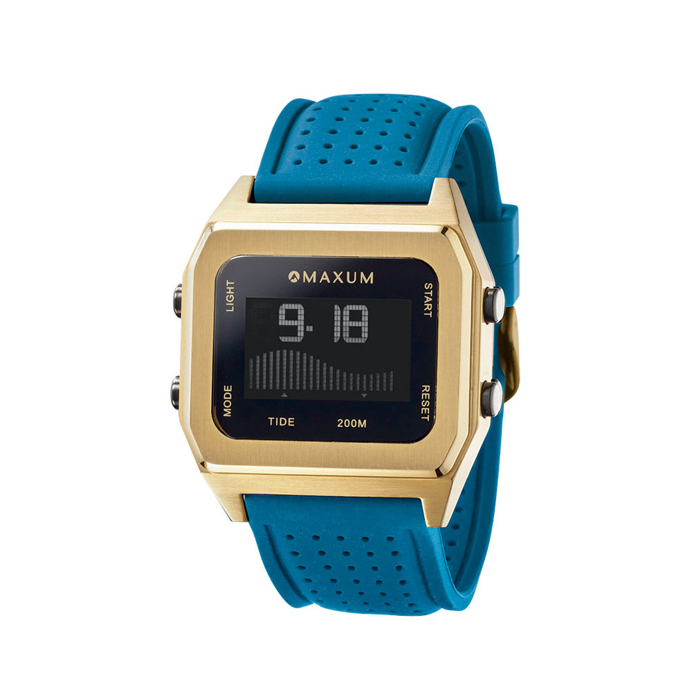 Raglan Digital Square Dial Tide Watch– Gold Case, Black Dial & Blue Silicone Strap
