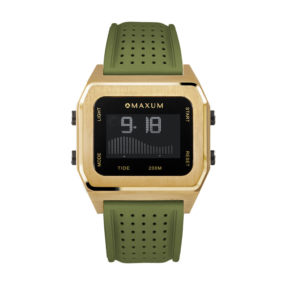 Raglan Digital Square Dial Tide Watch– Gold Case, Black Dial & Green Silicone Strap