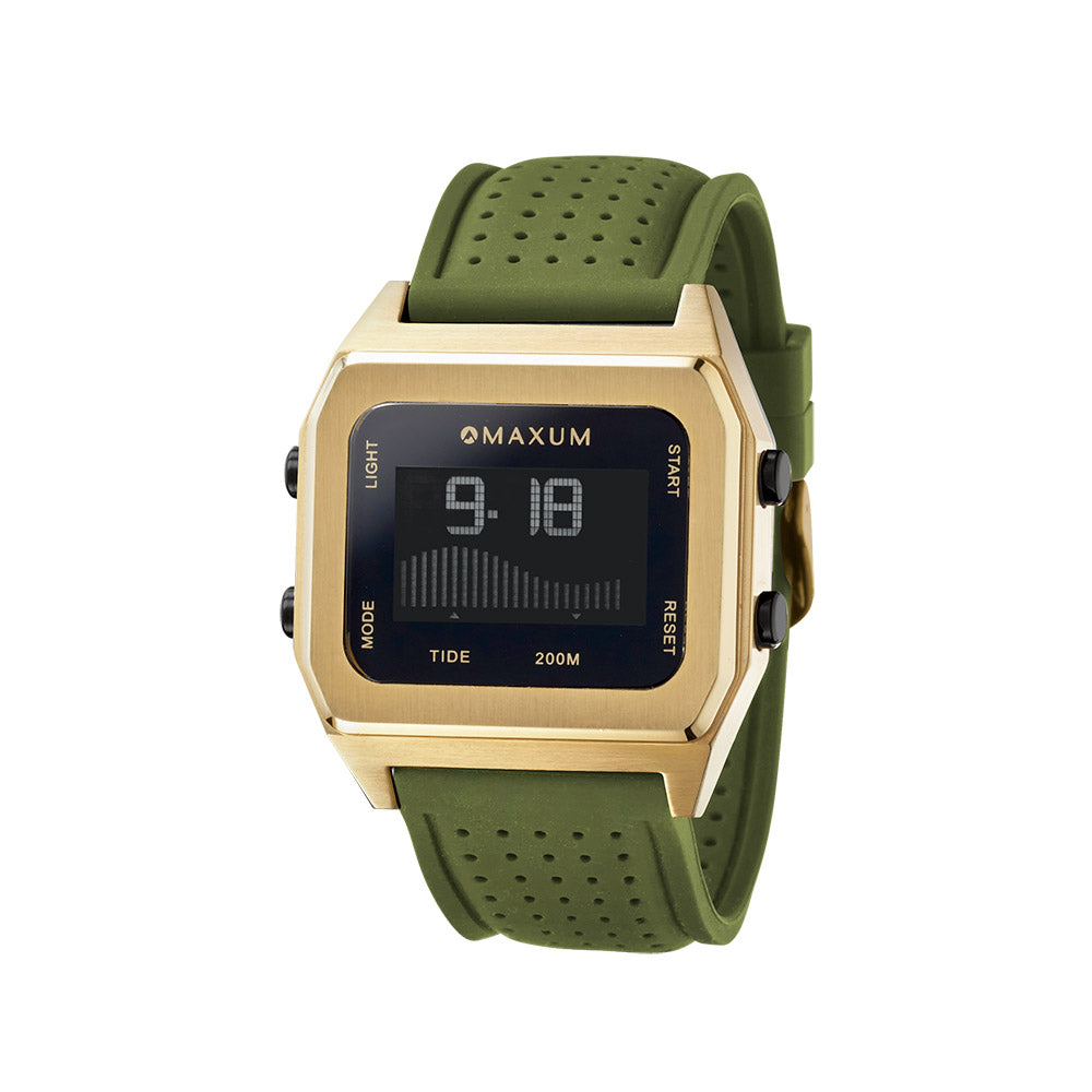 Raglan Digital Square Dial Tide Watch– Gold Case, Black Dial & Green Silicone Strap