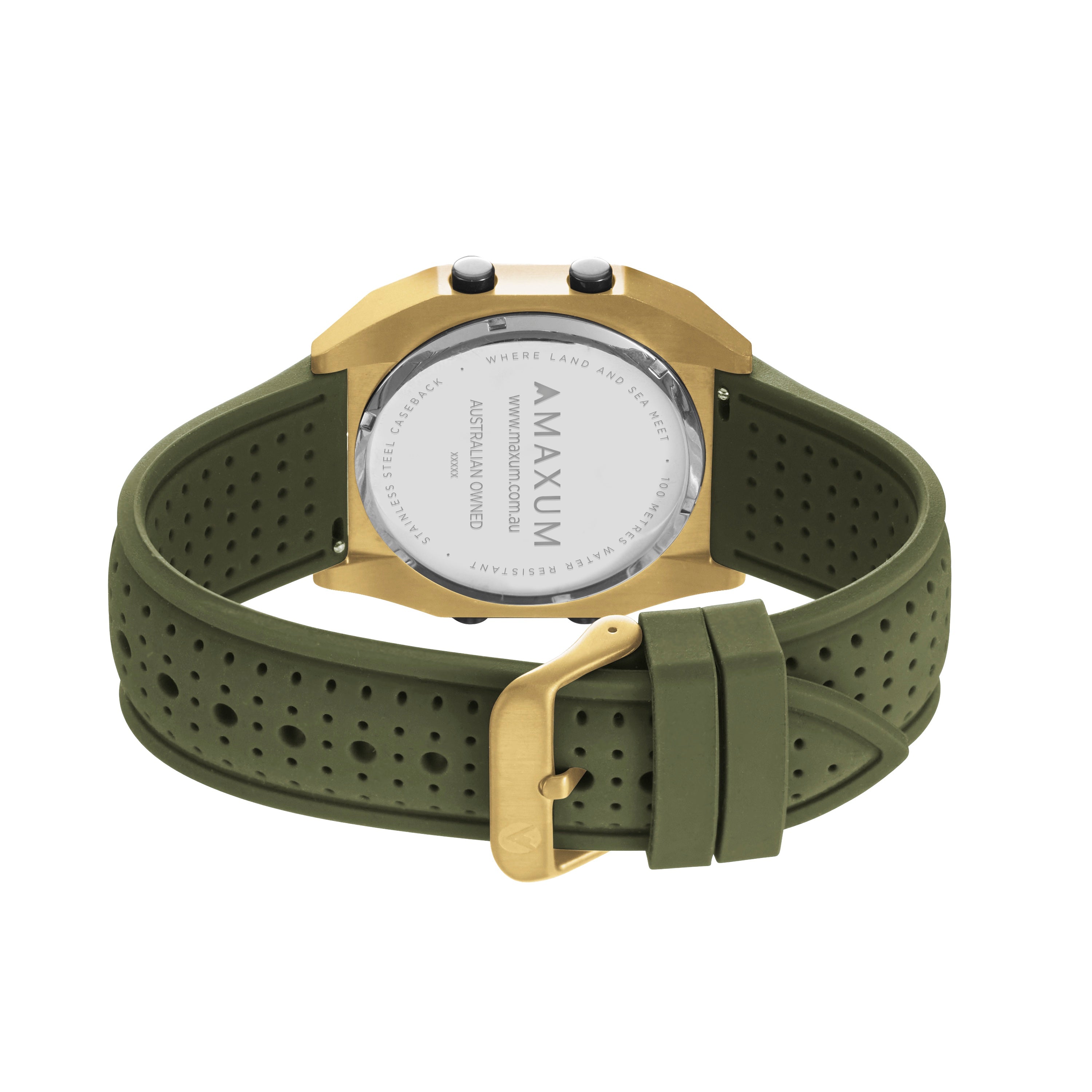 Raglan Digital Square Dial Tide Watch– Gold Case, Black Dial & Green Silicone Strap