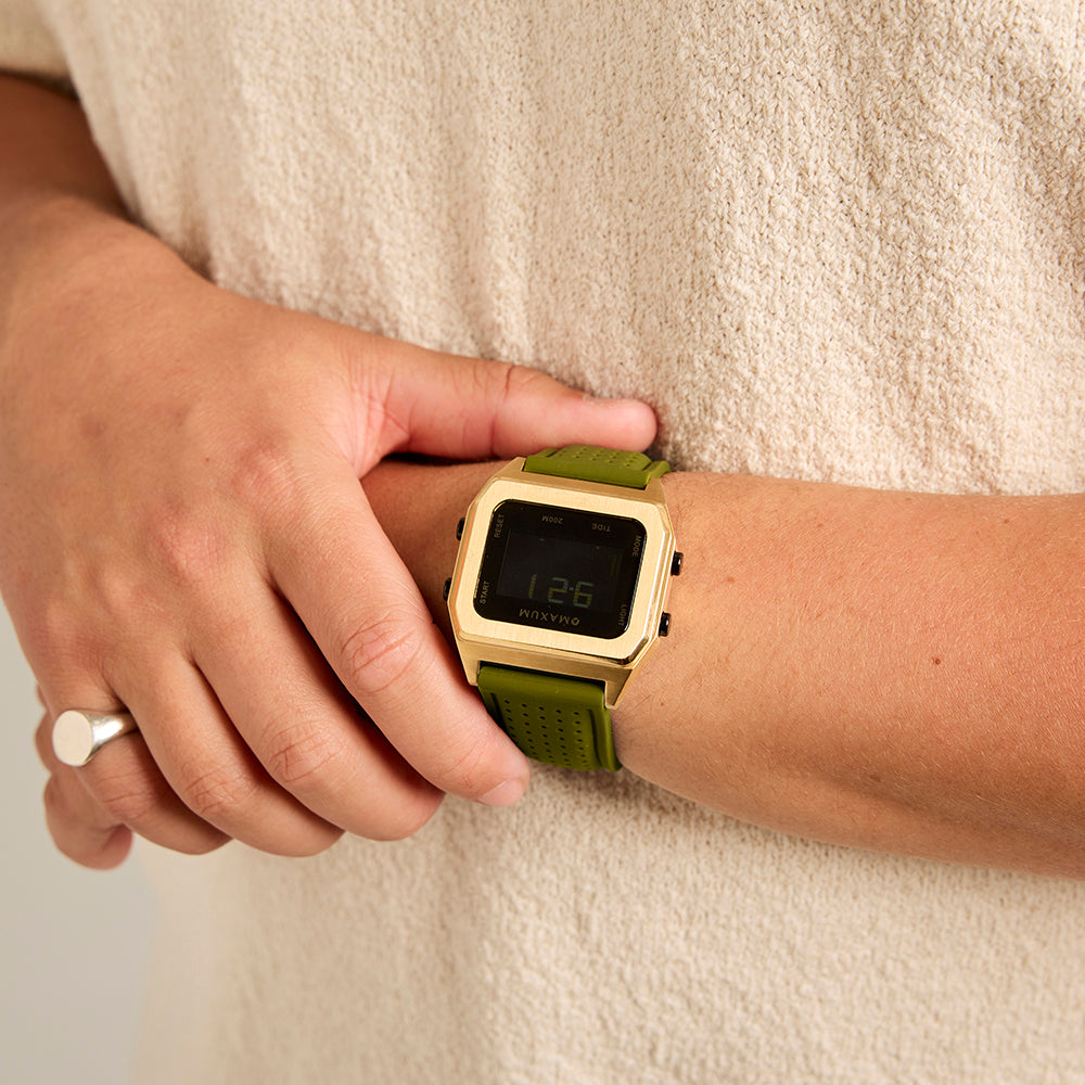 Raglan Digital Square Dial Tide Watch– Gold Case, Black Dial & Green Silicone Strap