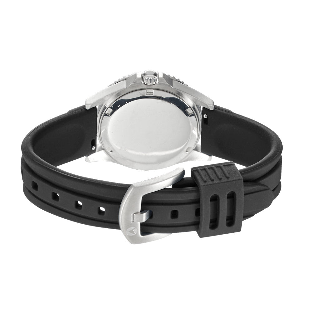 Liberty Ladies Analogue Date Watch – Silver-Tone Case, Black Dial & Black Silicone Strap