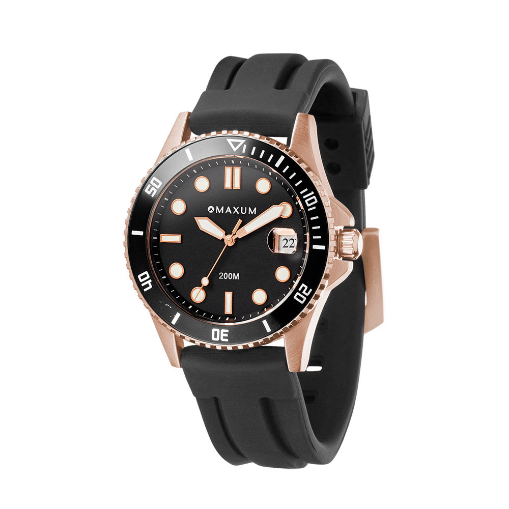 Liberty Ladies Analogue Date Watch– Rose Gold Case, Black Dial & Black Silicone Strap